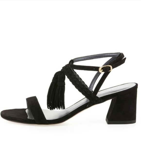Stuart Weitzman Black Tasselmania Suede Block Heel Sandals - Picture 1 of 12